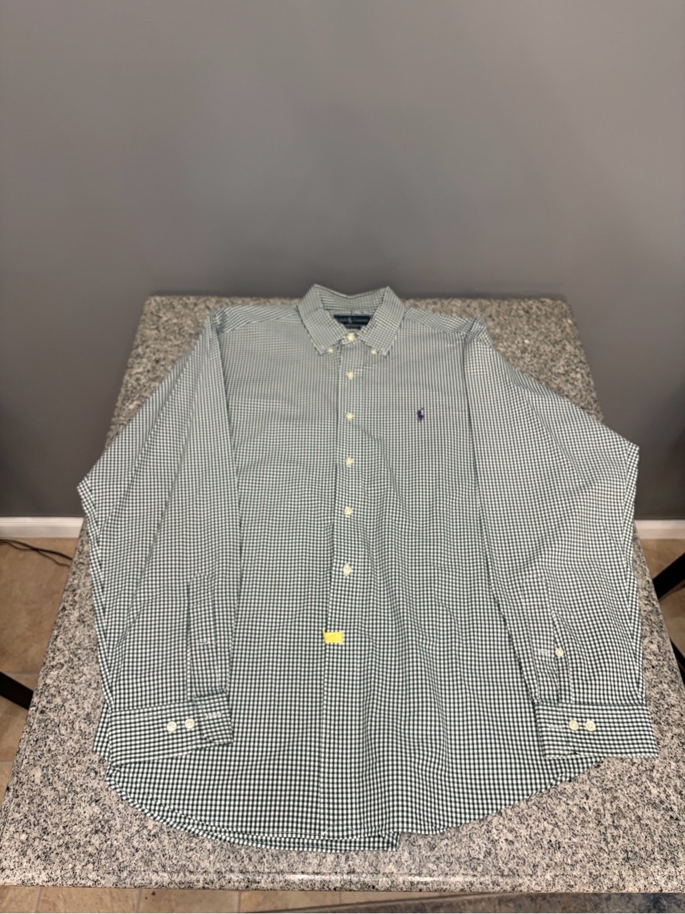 RALPH LAUREN Mens Shirt 17 XL Classic Fit Green White Gingham Cotton Purple Pony